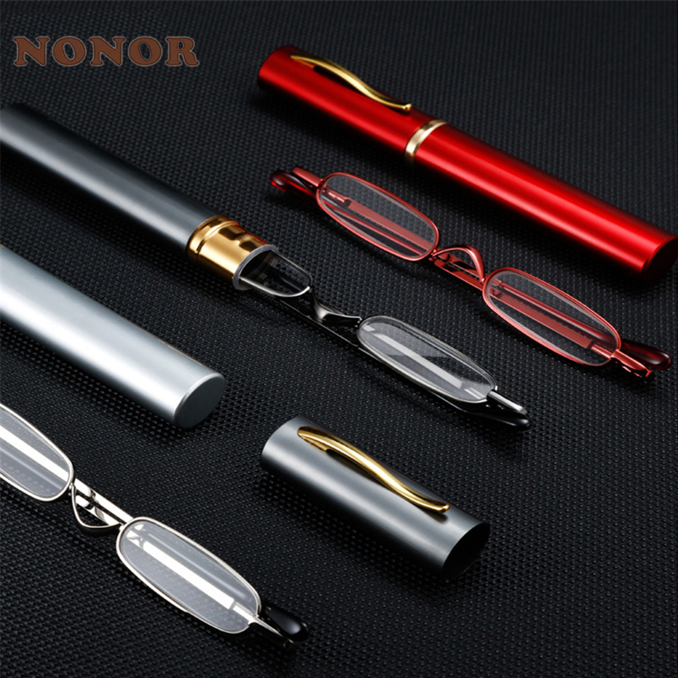 Lunettes de lecture unisexes NONOR mini portables à monture métallique, fines comme un stylo, pour hommes et femmes, pour la presbytie, avec étui métallique, Oculos De Grau