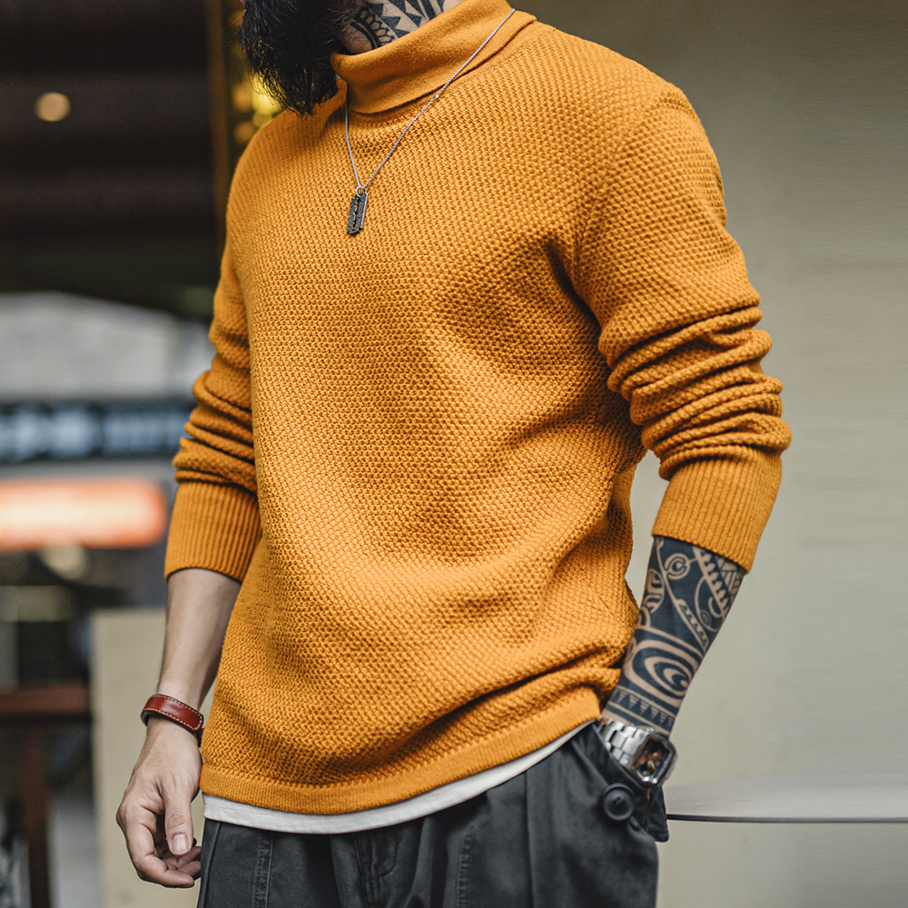 Maden nuevo suéter de punto Vintage de medio cuello alto jersey de capa Base amarilla ropa interior cálida para hombres Tops de otoño e invierno