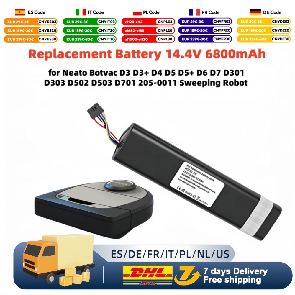 Nova bateria de substituição original 14.4v 6800mah para neato botvac d3 d4 d5 d6 d7 d301 d303 d502 d503 d701 205-0011 robô arrebatador