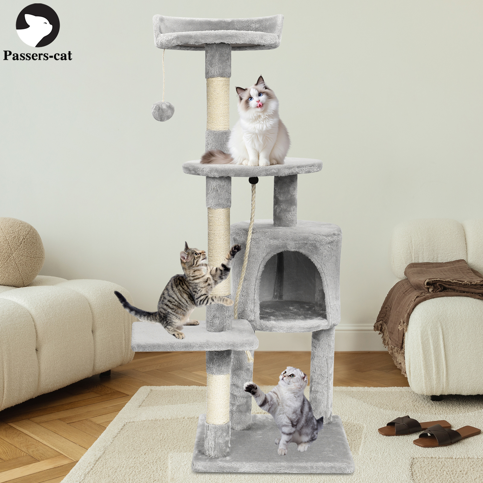 Árbol para gatos, torre para gatos con juguete para gatos de interior, varios niveles con postes para rascar, casa para gatos, perchas superiores acolchadas para Condo acogedoras