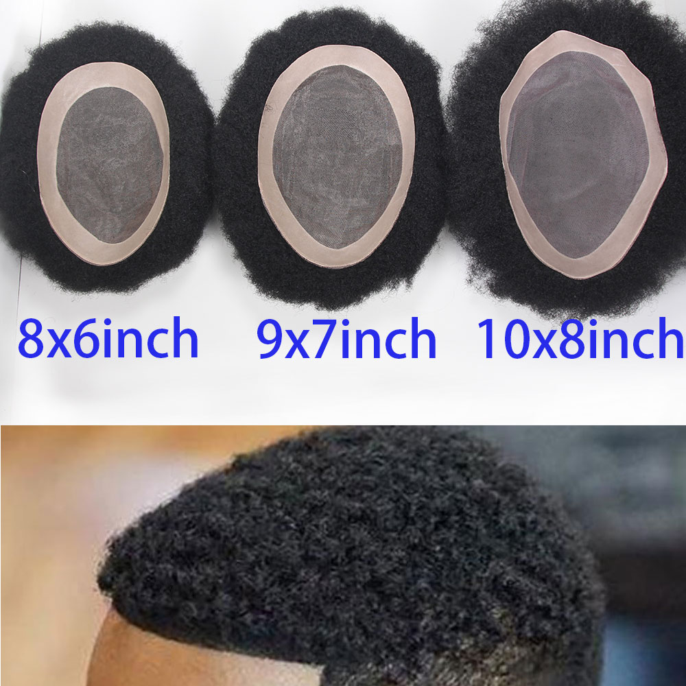 Мужской парик-накладка Afro Black 4 мм, 100% натуральные волосы, для афроамериканцев, система замещения волос, афро-кудри, 1 шт. #   Черный как дым 8x1