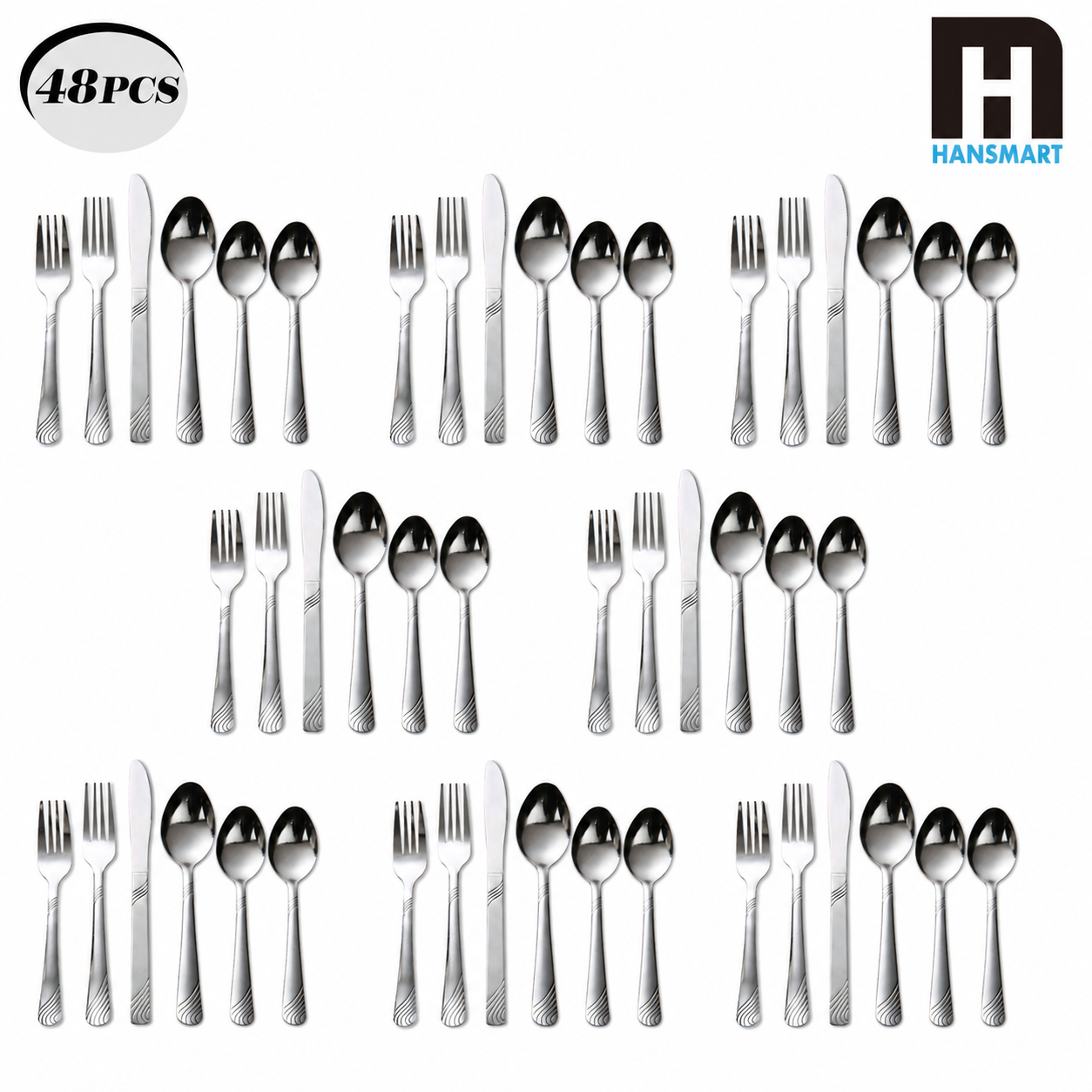 HANSMART 48-Piece Stainless Steel Flatware Set Service for 8 Silver Cutlery Set Silverware Set Kitchen Tableware Utensils Set with 16 Teaspoons Spoons Forks Knives Dinner Cutlery Silverware Sets