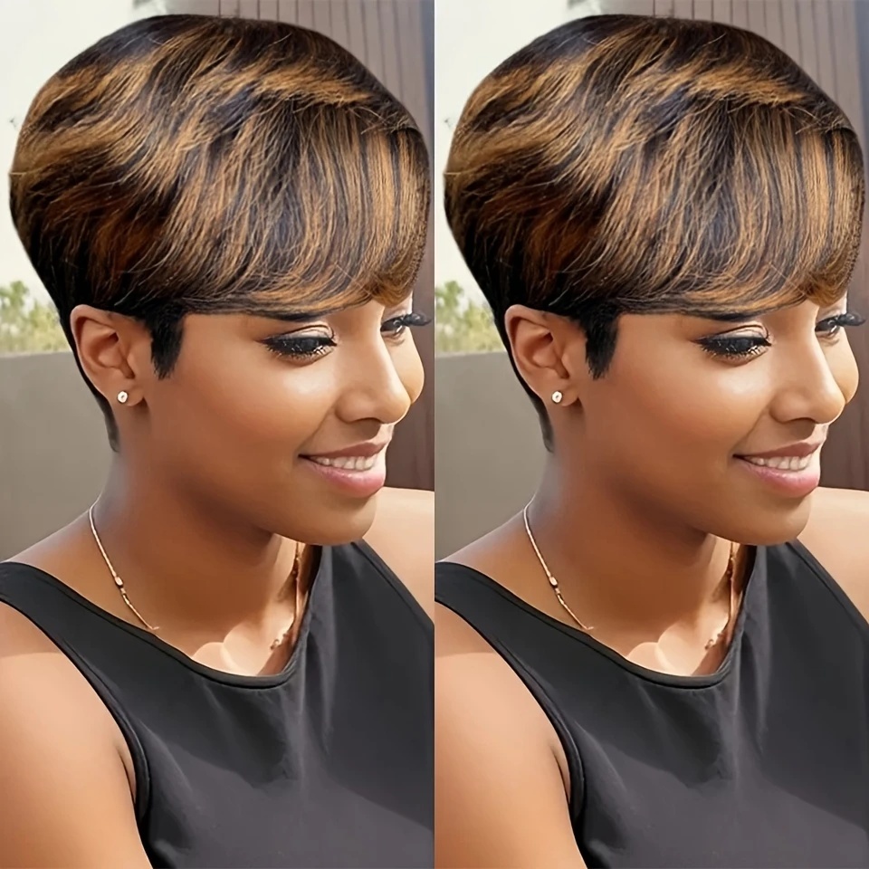 Peluca corta de corte Pixie para mujer, cabello humano con diseño en capas con flequillo, estilo recto, peluca completa hecha a máquina de 6 pulgadas