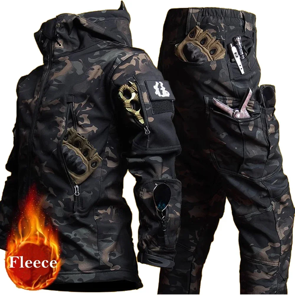 Nueva chaqueta de invierno para hombre, conjuntos tácticos de piel de tiburón polar, trajes acolchados impermeables a prueba de viento, uniforme de Paintball con bolsillos, camuflaje