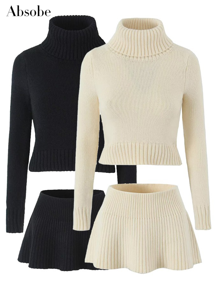 Absobe Knitted Sweater Mini Skirt 2 Piece Set Women Flapped High Neck Long Sleeve Top A-Line Short Skirt Set Autumn Streetwear