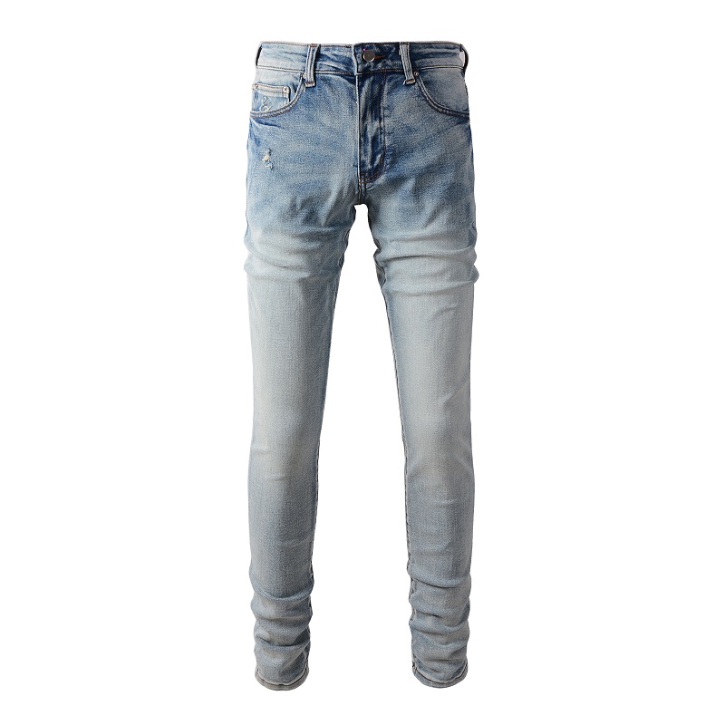Jeans Denim Elastis Biru Muda Klasik Pria Celana Katun Ripped Vintage Streetwear Celana Panjang Lancip Skinny