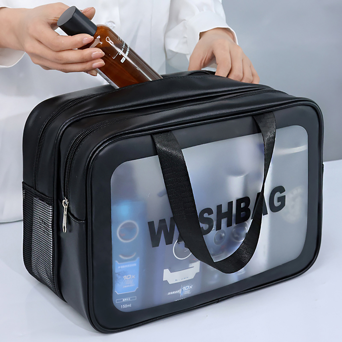 Borsa per il Trucco Portatile alla Moda di Grande Capacità; Borsa da Viaggio Multifunzionale con Doppio Strato e Separazione Asciutto/Bagnato; Borsa per il Lavaggio con Finitura Opaca