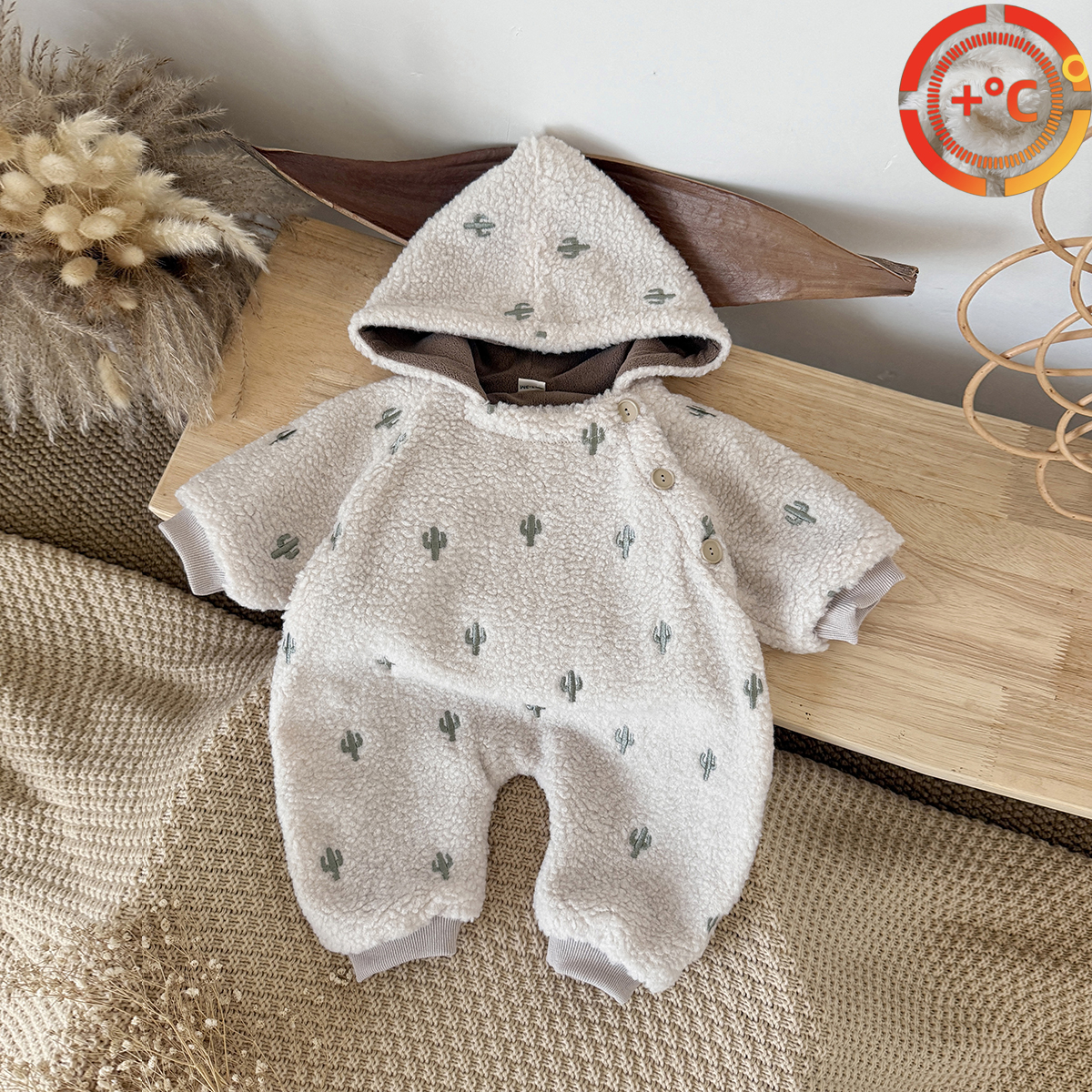 Pluche Cactus Borduurwerk Baby Jumpsuit met capuchon Winter Pasgeboren Baby Girl Boy Lange mouwen Crawling Suit Verdikt