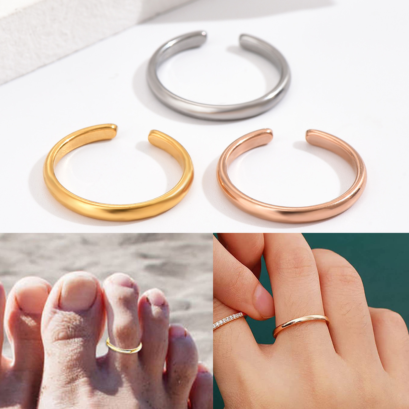 Cincin jari kaki untuk wanita, 3 buah cincin Stainless Steel dapat disesuaikan bintang bulan halus musim panas pantai jari kaki cincin hadiah perhiasan