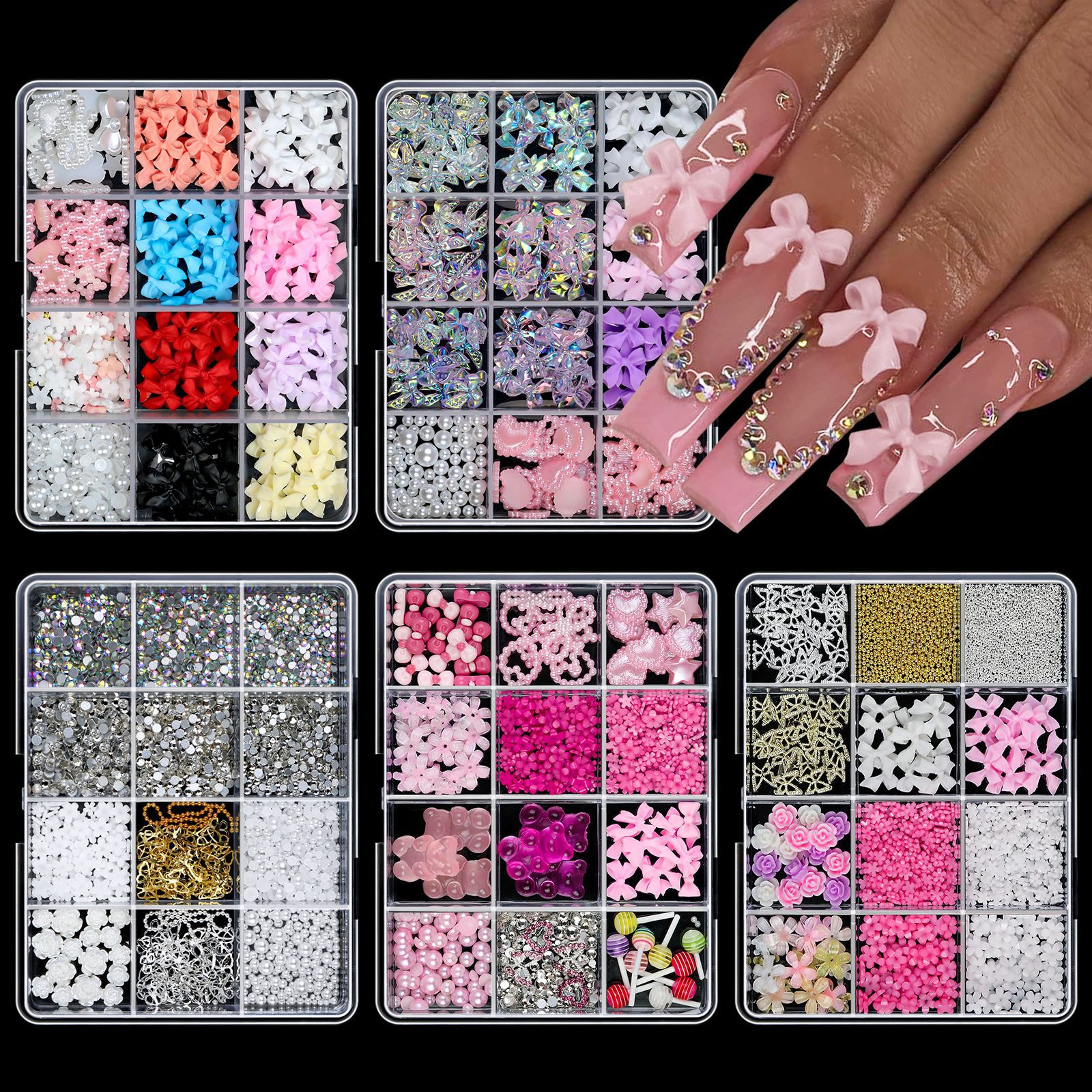12 Grids/Box 3D Mixed Bowknot Perle Herz Nagel Charms Flatback Harz Blume, Stern, Mond Nagel Strass DIY Nail art Dekorationen &