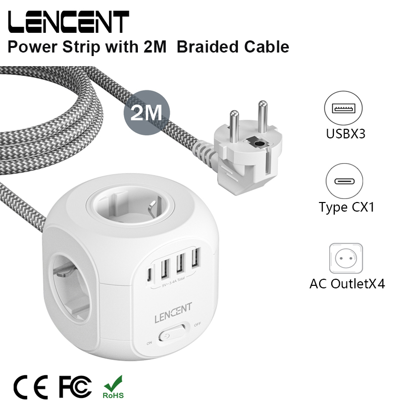 Lencent-EU Plug Power Strip, 4 saídas CA, 3 portas USB, 1 tipo C, 2m, cabo trançado de 3m, soquete múltiplo com interruptor para casa