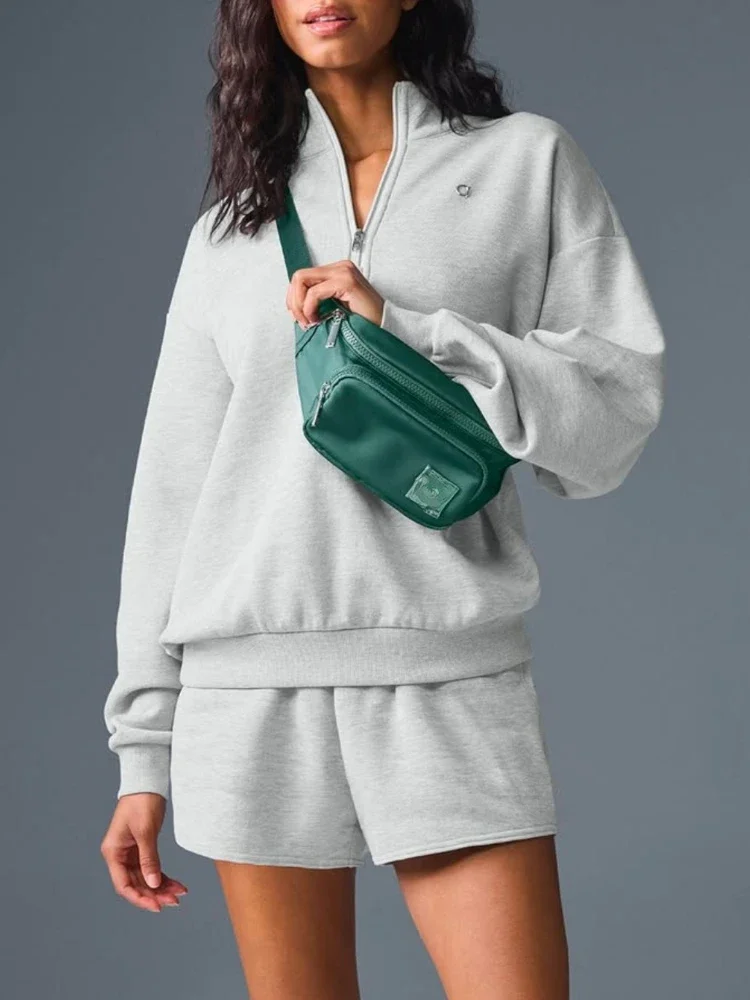 Women Sweatshirts Long-sleeved Solid Gray Zip Hoodies Leisure Top Sport Yoga Stand Up Collar Pullover Fitness Loose Coat Autumn