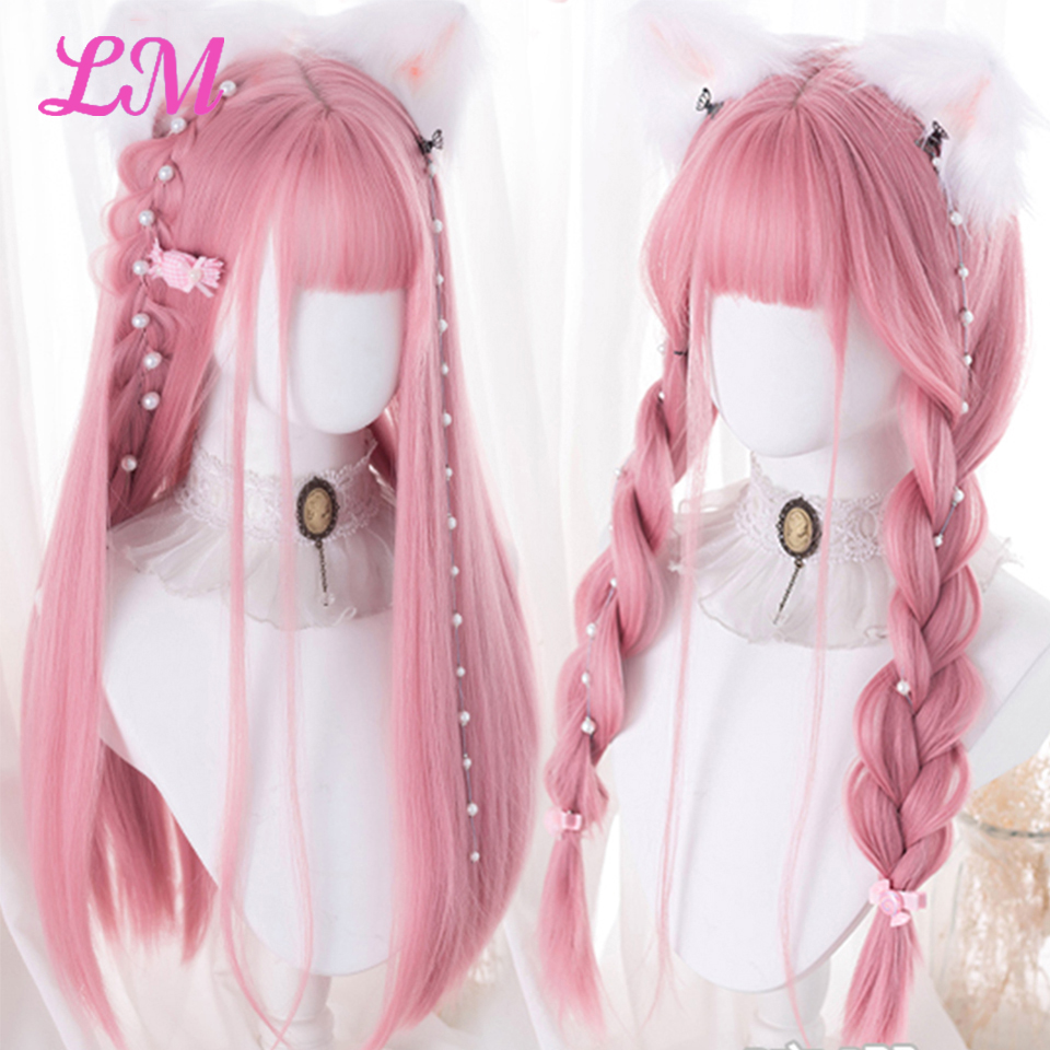 Parrucca cosplay LM con frangia Capelli lisci sintetici Parrucca rosa lunga 24 pollici resistente al calore per le donne