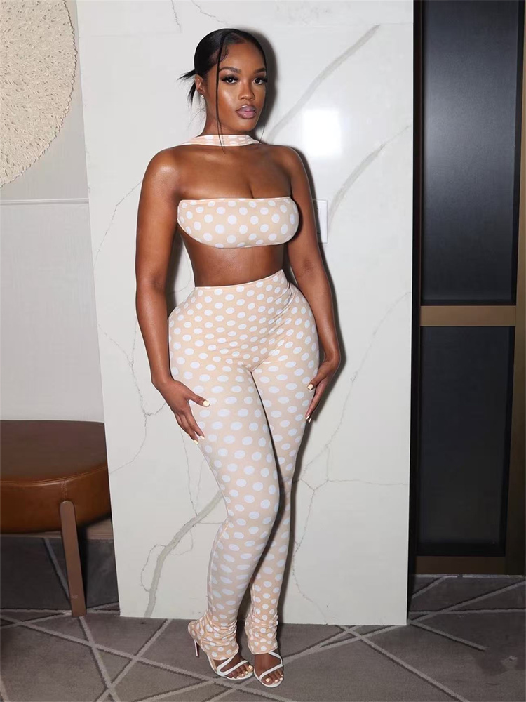 Weird Puss Hottie Polka Dot 2-teiliges Set Damen Neckholder Brust gewickeltes rückenfreies Top + geraffte pfirsichfarbene Hüfthose Stretch Skinny Clubwear