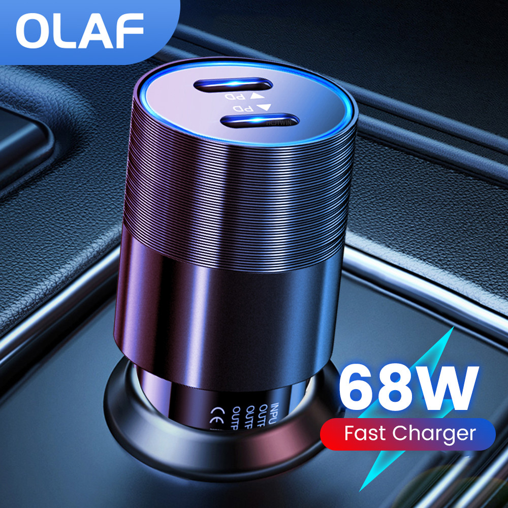 Автомобильное зарядное устройство 68W с двумя USB-портами Type-C, металлический корпус, быстрая зарядка PD, адаптер USB-C для мобильных телефонов в автомобиле, для iPhone 13, 12