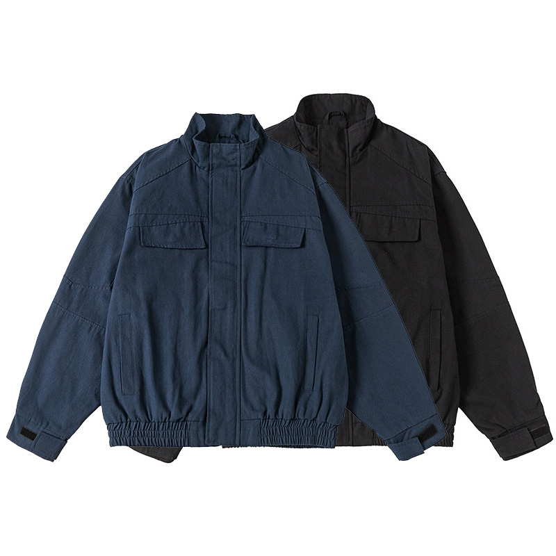 Jaqueta Cargo Vintage de Moda Streetwear para Homens, Casaco Bomber de Lona com Gola Alta, Roupas Urbanas
