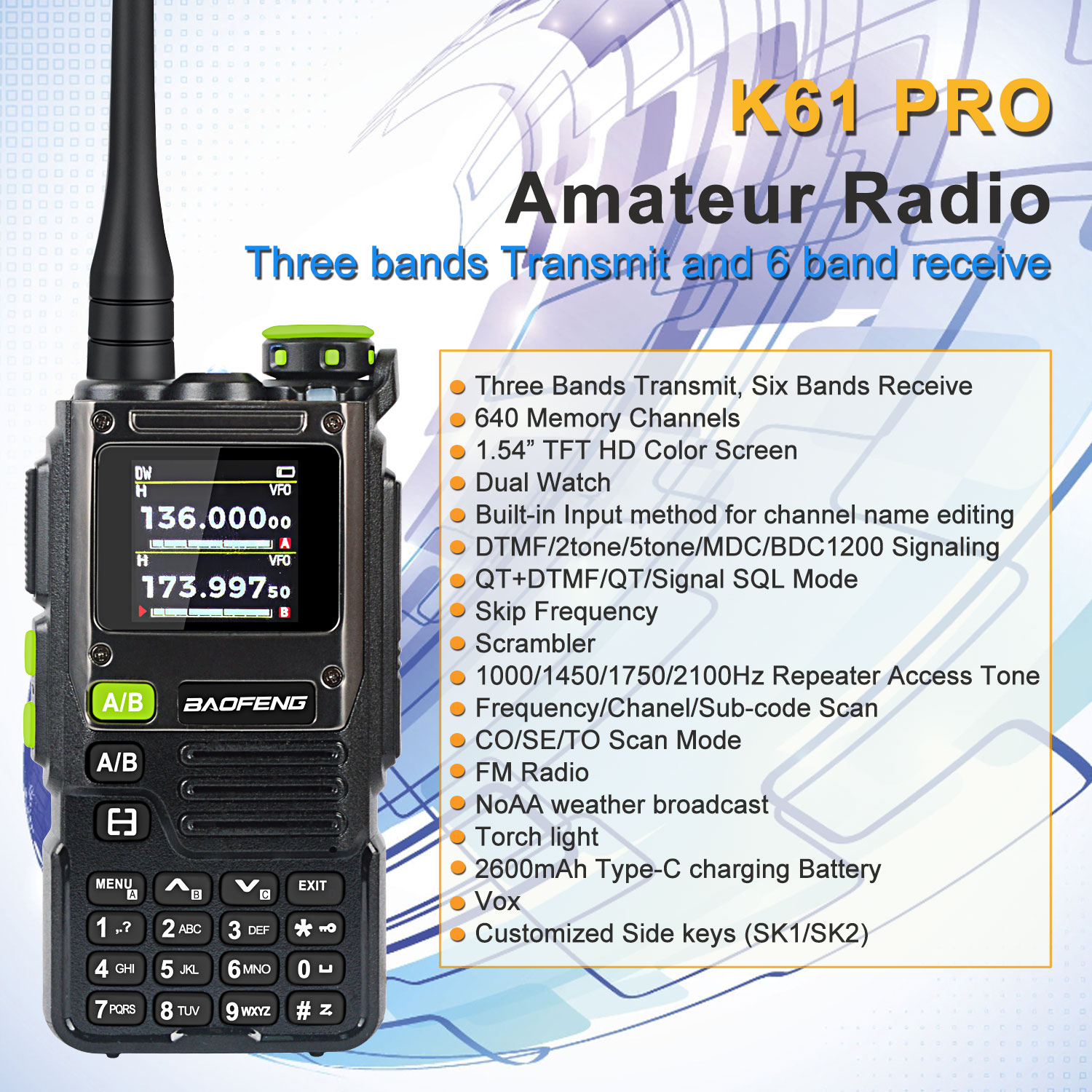 Baofeng K61 PRO K61pro 65-600MHz multibanda 640Ch Scrambler reloj Dual frecuencia barrido Amateur FM VOX Walkie Talkie