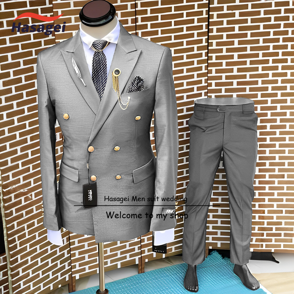 Formeel Pak Voor Heren Bruiloft Smoking Double-Breasted Jasje En Broek 2-delige Set Business Blazer Gouden Knopen Pak Bruidegom