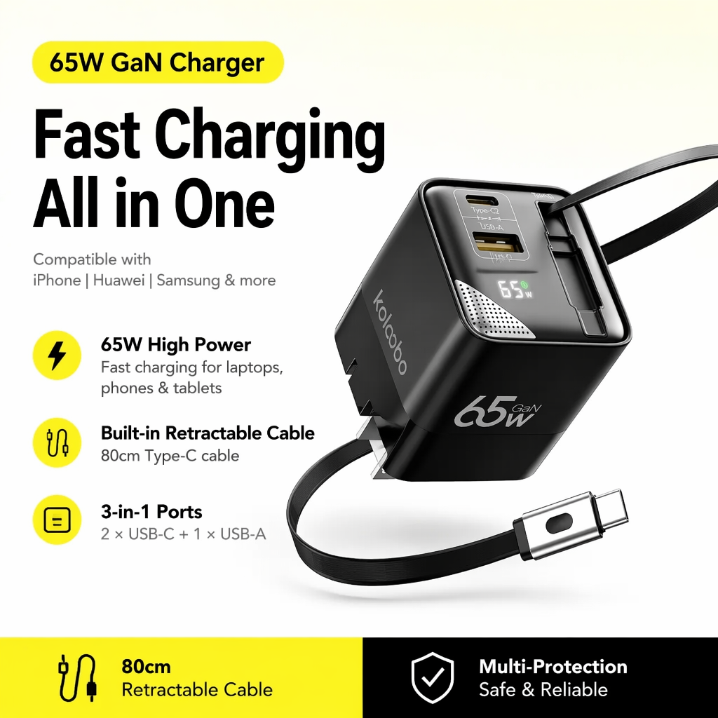 Caricatore Rapido GaN da 65W con Tre Porte USB-C e Cavo Type-C Retrattile Integrato da 80cm per iPhone 16 15 14 13 Xiaomi Samsung