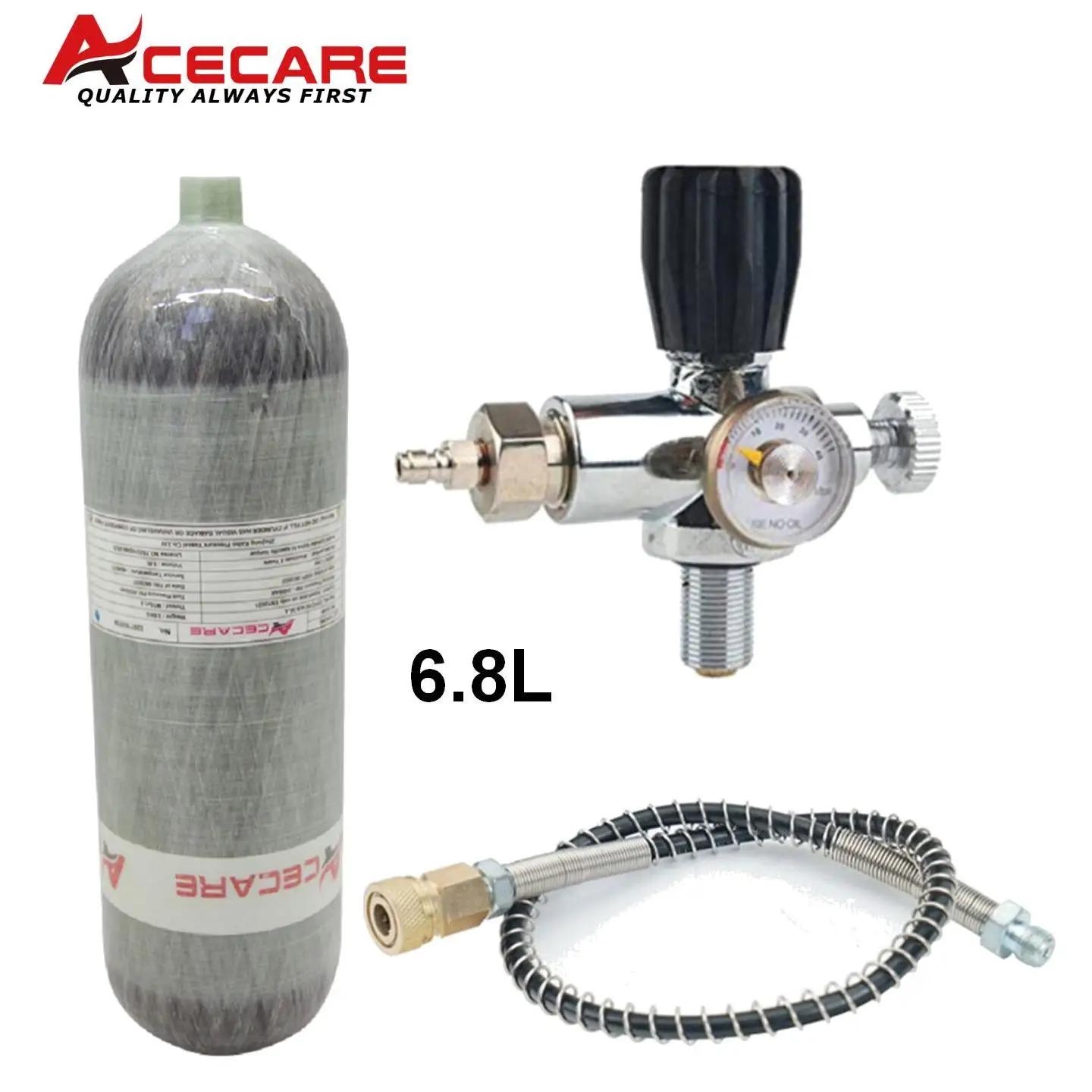 Cilindro de fibra de carbono ACECARE 6.8L 4500psi 300Bar Cilindro de alta pressão Tanque HPA com válvula reguladora para mergulho