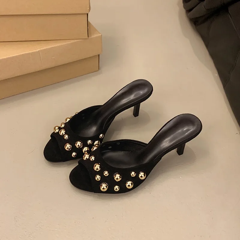 Nuevos Zapatos De Mujer De primavera, efecto terciopelo negro, tachonados, sin espalda, un pie, sandalias De tacón De aguja Zapatos De Mujer