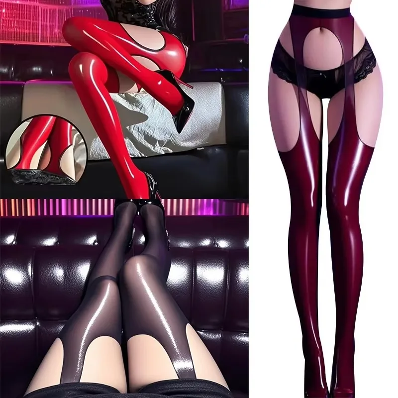 セクシーな四面透かし黒赤ストッキング女性タイツオイル光沢薄いランジェリー夏オイルのようなストッキングシームレスパーティーウェア