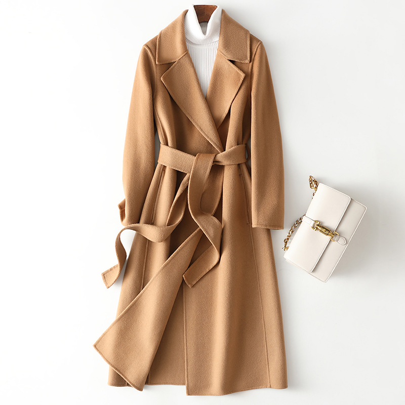 Mantel Wol 100% Musim Gugur 2025 dengan Sabuk Mode Jahitan Terbuka Mantel Kasmir Wol Elegan Atasan Veste Femme