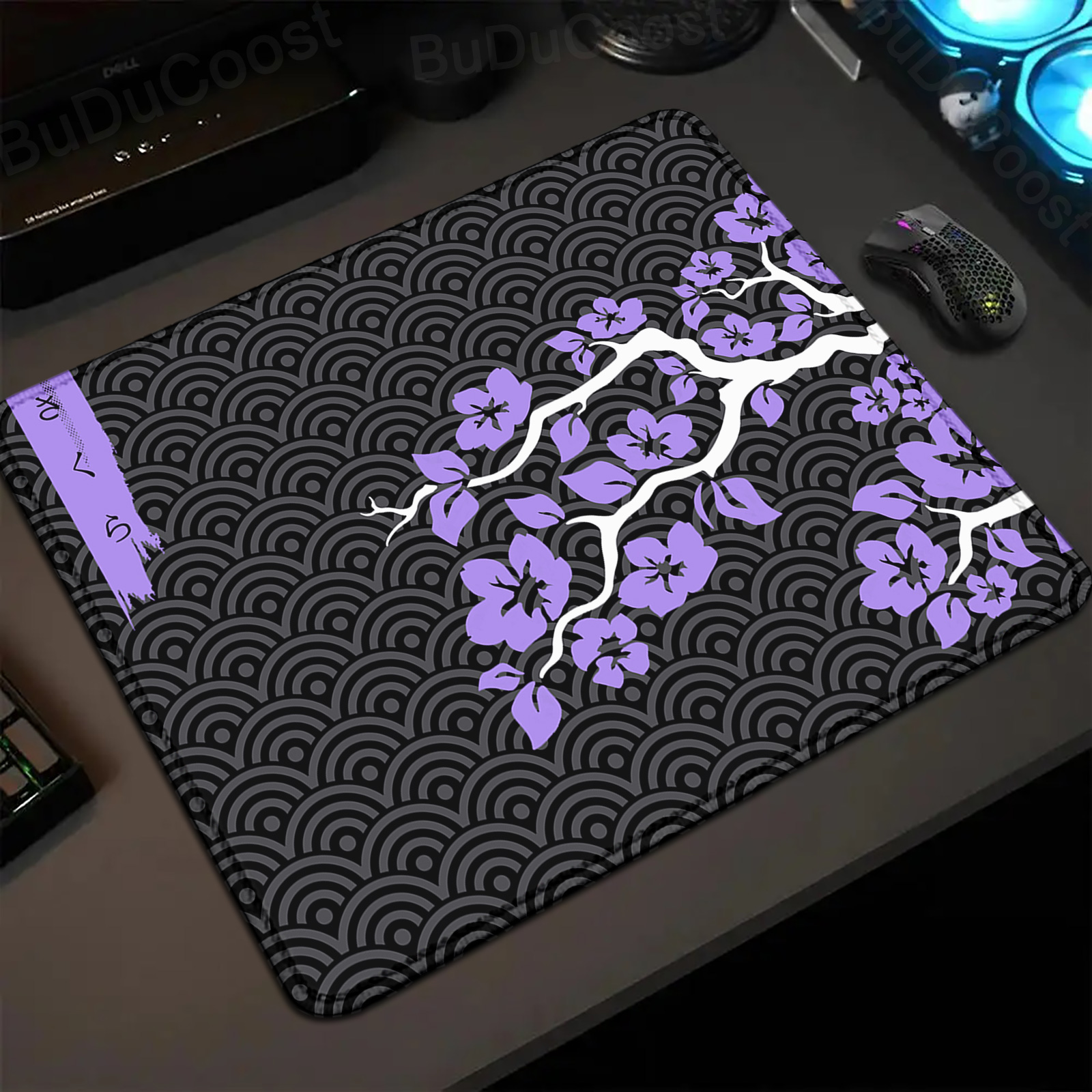 Mousepad desain seni Sakura ukuran kecil 18x22cm Aksesori game bunga ungu lucu Deskmat Keyboard Tepi kunci alas mouse hadiah