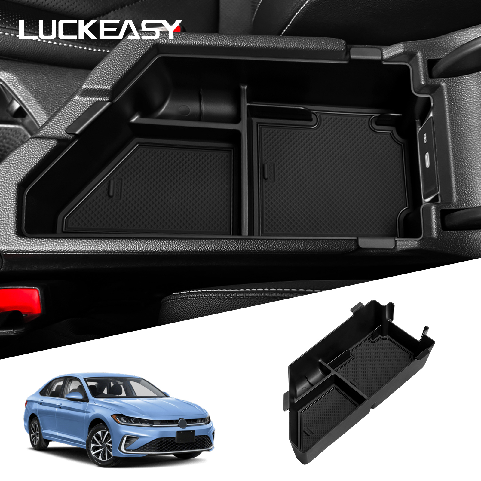LUCKEASY Organizer do samochodu Volkswagen Jetta 2020-2025, akcesoria do wnętrza, schowek w konsoli środkowej, tacka do przechowywania i porządkowania w podłokietniku
