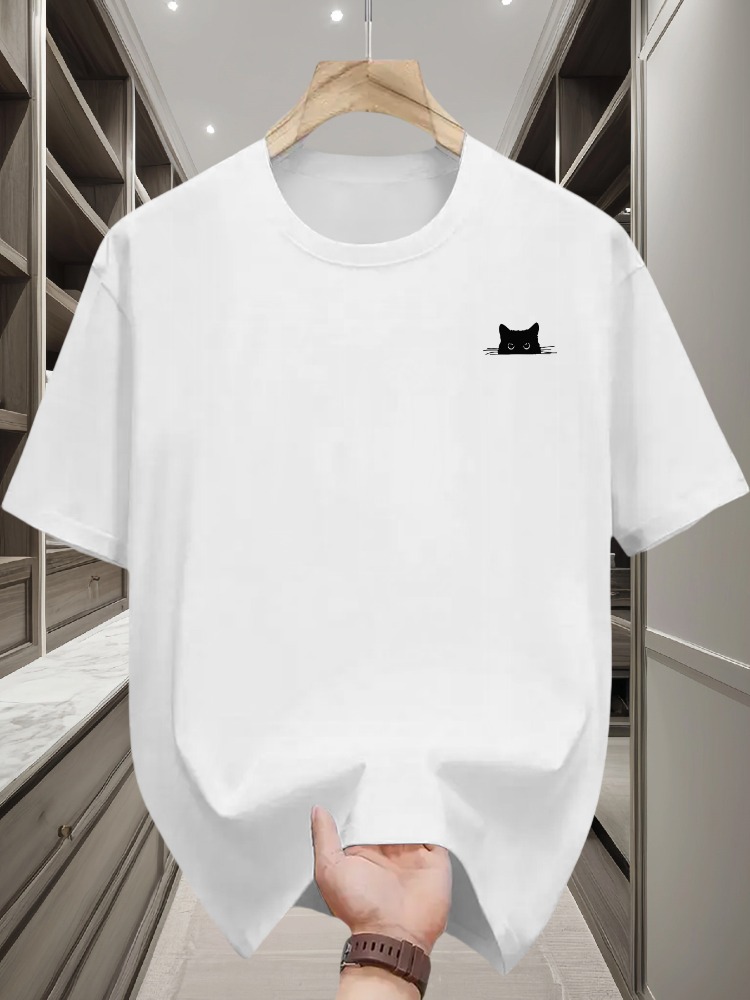 T-shirt da uomo estiva in puro cotone 100% casual, comoda, sportiva, con stampa di elementi gatto, girocollo, a maniche corte