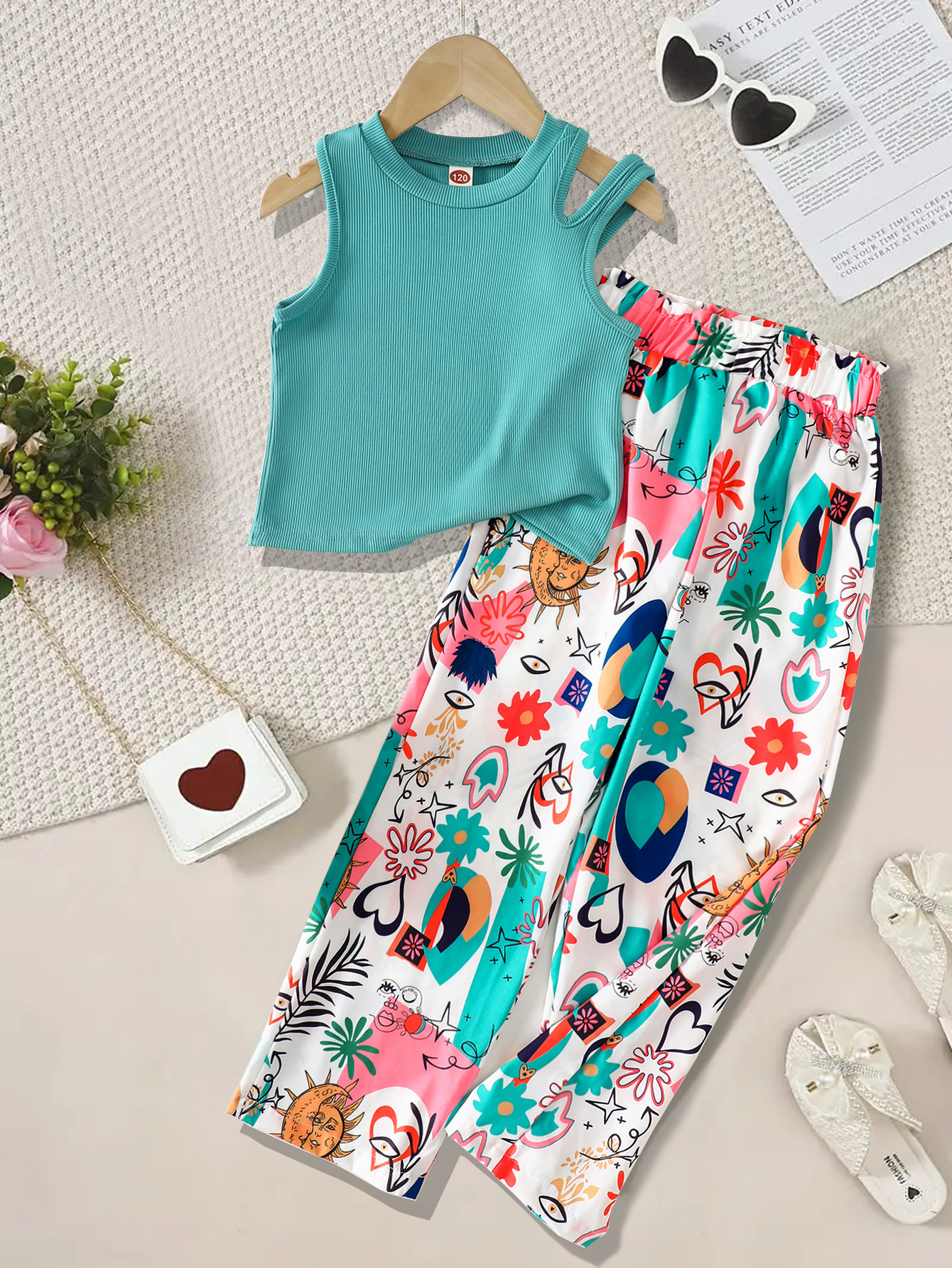 Conjunto de ropa de verano para niñas adolescentes, camisetas sin mangas acanaladas con hombros descubiertos y pantalones estampados, conjuntos de dos piezas para niñas de 6 a 14 años