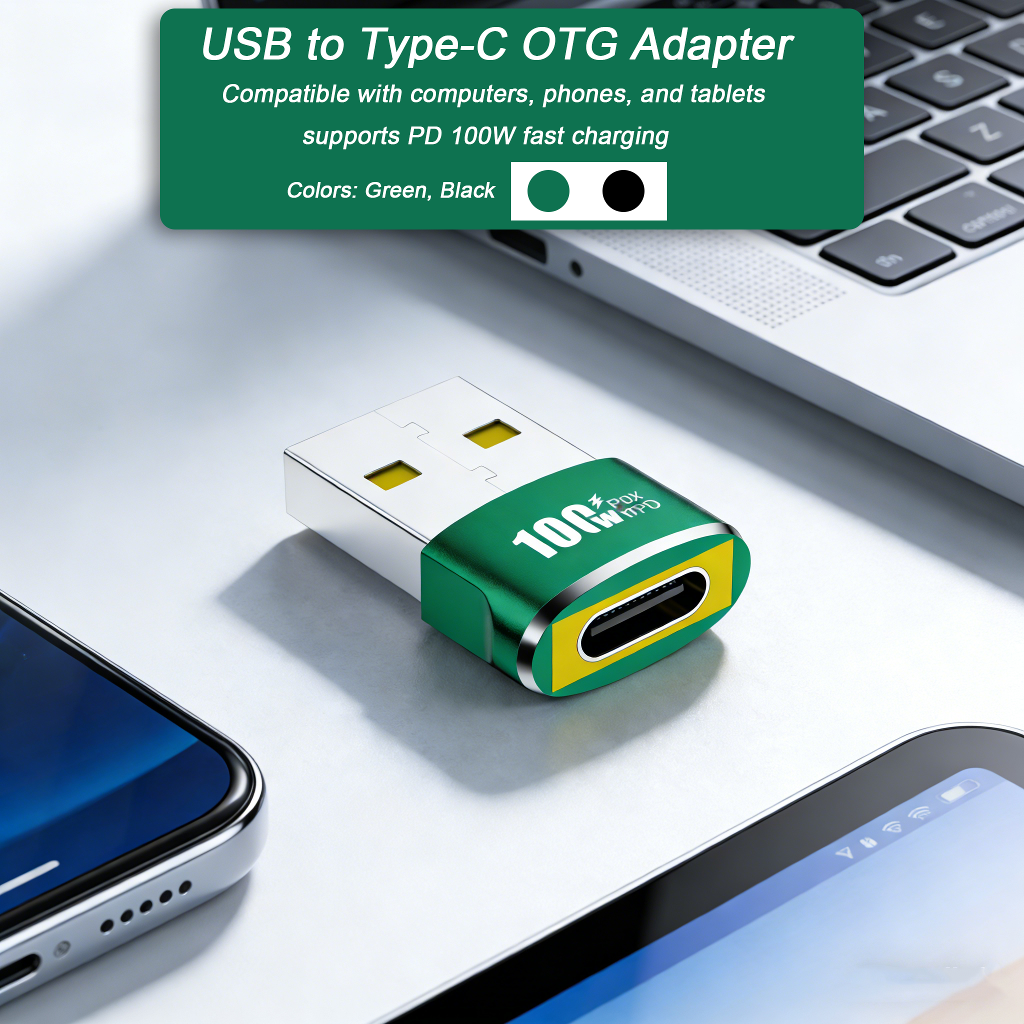 Adaptateur OTG USB vers Type-C 100W PD Noir/Vert - USB-C Femelle vers USB-A Mâle