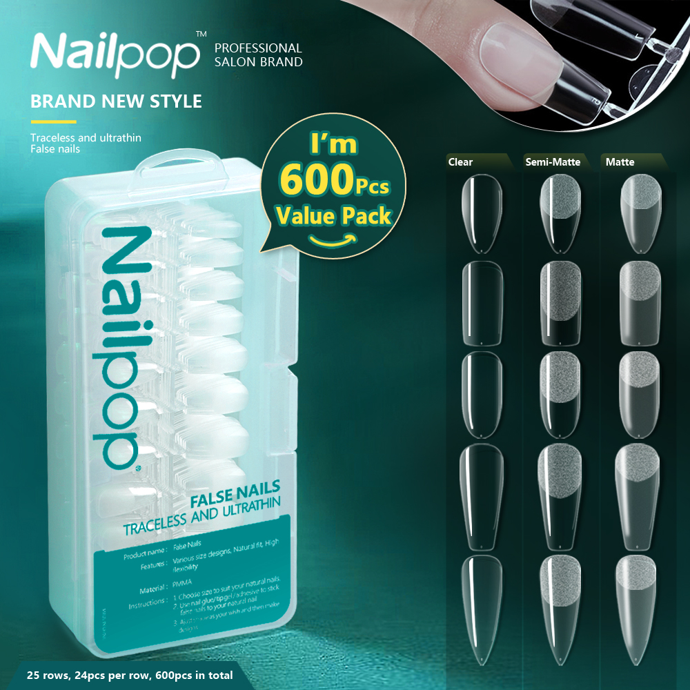 Nailpop 600pcs PRO Nepnagels Volledige dekking Valse nageltips Acryl nagelcapsules Professioneel materiaal Vinger losweken Geltips