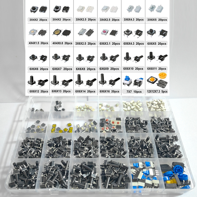 460 pièces 24 valeurs Tactile bouton poussoir interrupteur SMD Micro interrupteur Tactile momentané Kit d'assortiment pour voiture télécommande avec boîte