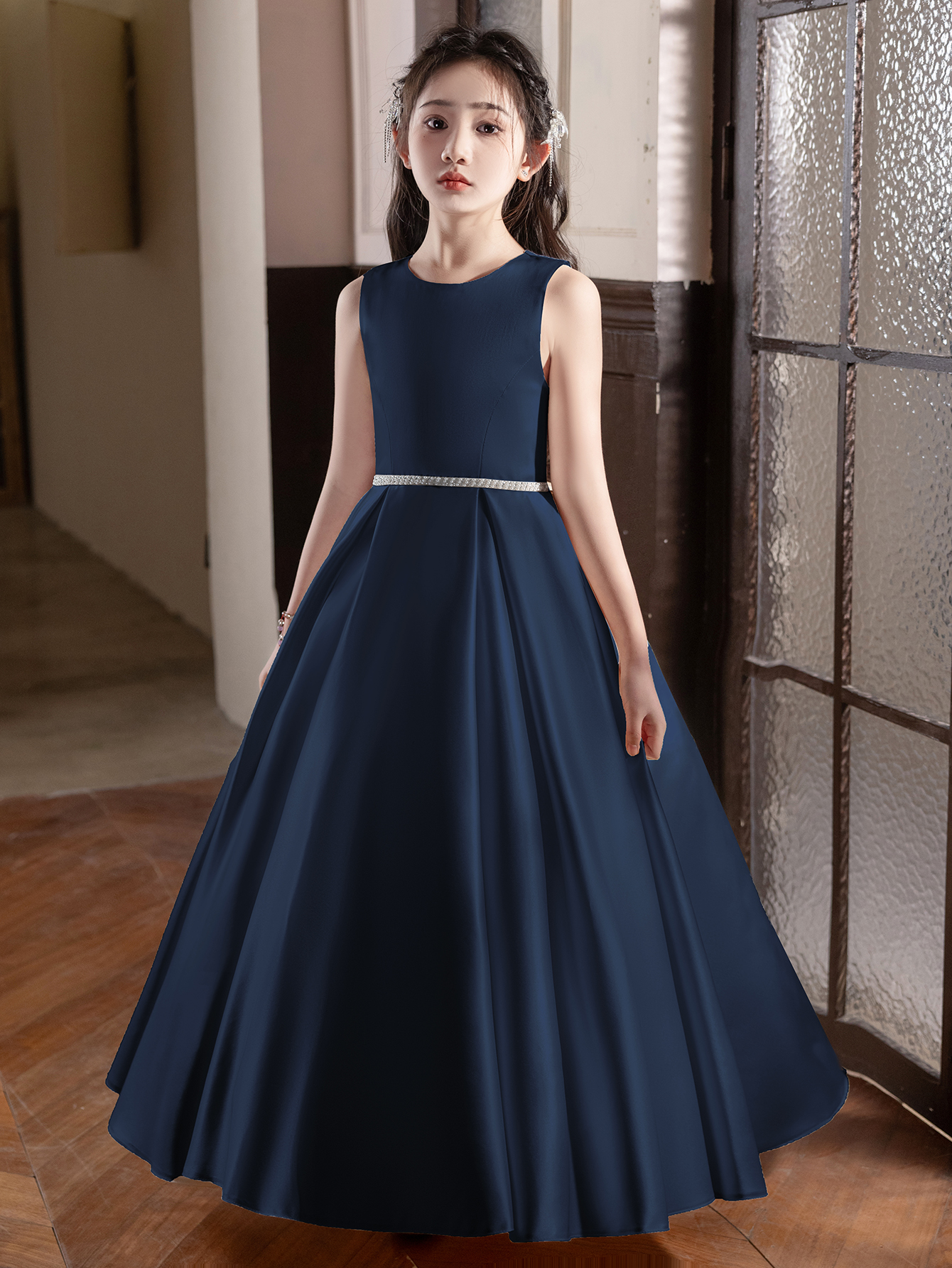 Gaun Panjang Biru Royal Remaja Perempuan untuk Pesta Ulang Tahun, Pernikahan, Gaun Malam, dengan Pita Besar, Gaun Pengiring Pengantin