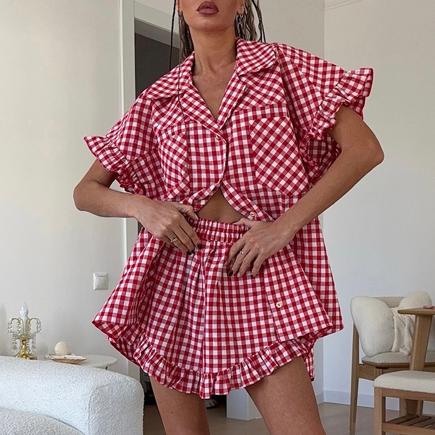 Linad-camisas de oficina de un solo pecho, pantalones cortos elegantes a cuadros de cintura alta con camisas con botones, conjunto de 2 piezas, trajes elegantes de calle para verano