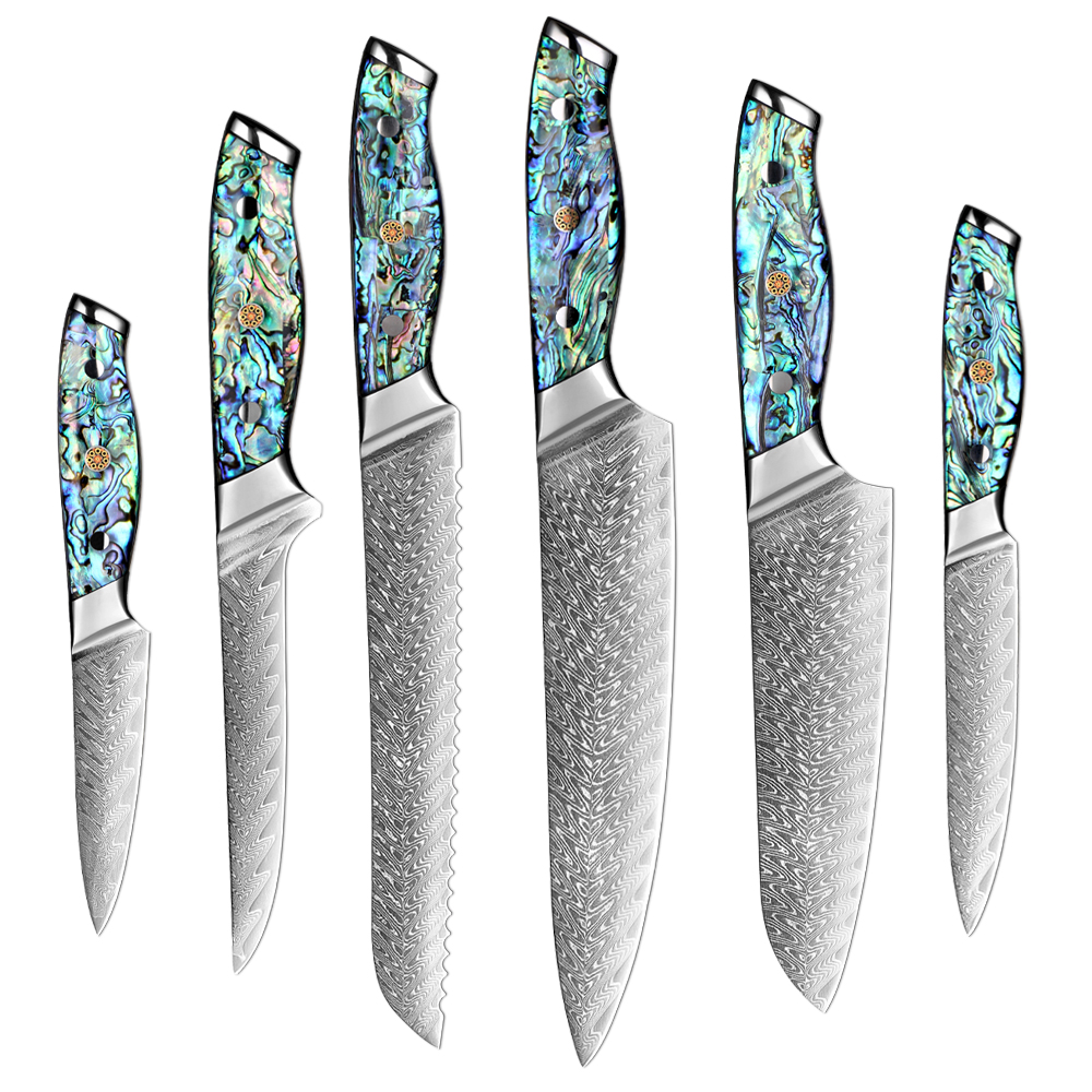 Couteau de Chef tranchant et Durable, ensemble de 1 à 6 pièces, manche en coquille d'ormeau, lame en acier damas pour couper la viande, les Fruits et les légumes
