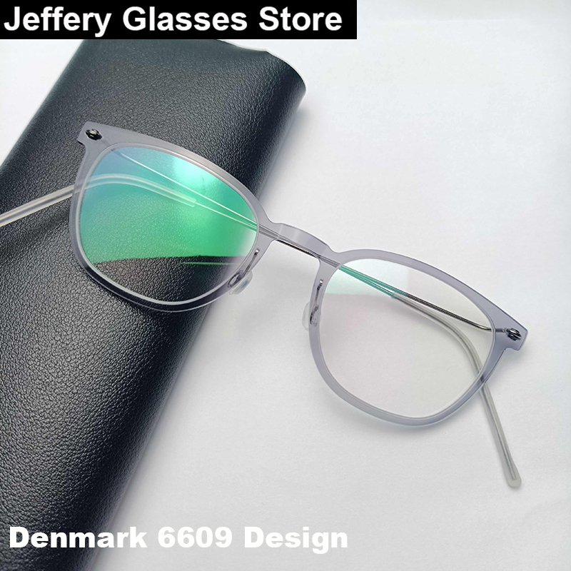 Szkła korekcyjne marki Danish Brand, model 6609, oprawki kwadratowe, tytanowo-acetatowe, bezśrubkowe, ultralekkie, cienkie okulary optyczne, gafas.