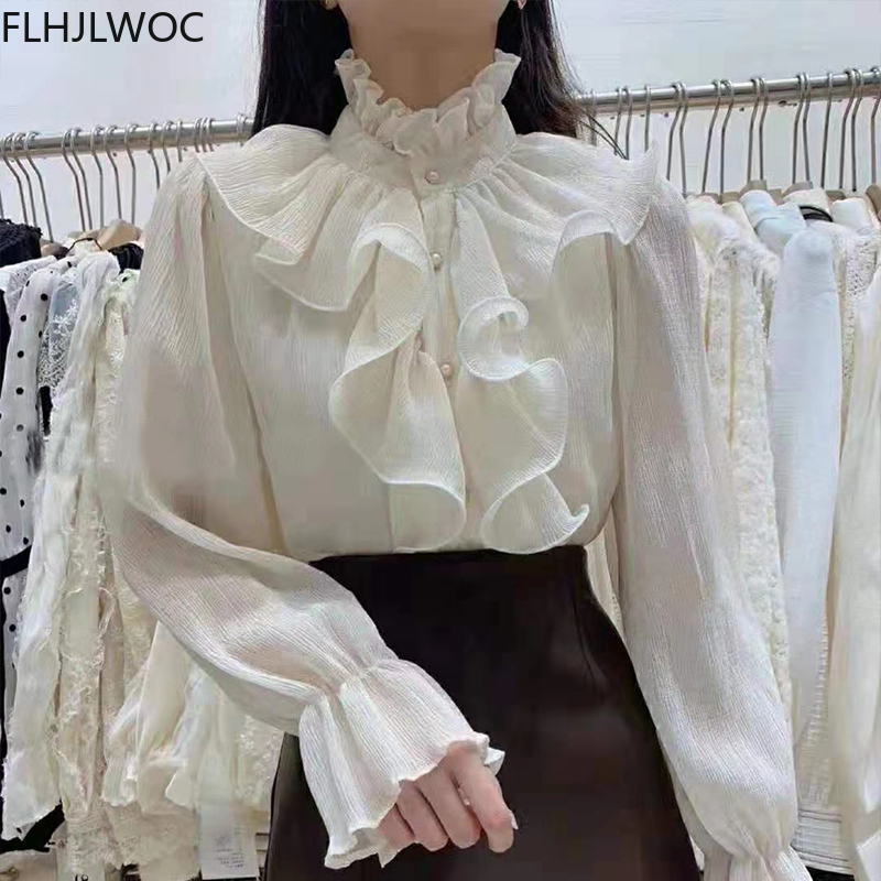 2022 primavera otoño camisas básicas Blusas mujer moda manga larga elegante Oficina trabajo de dama Blanco sólido con volantes Chic Tops Blusas