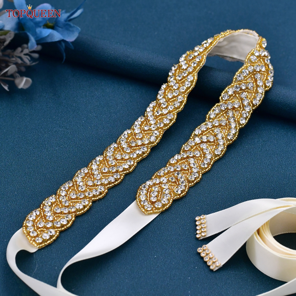 Topqueen S216-G cinto de noiva dourado completo strass faixa feminina designer de luxo marroquino cintura de casamento brilhante aplique de joia
