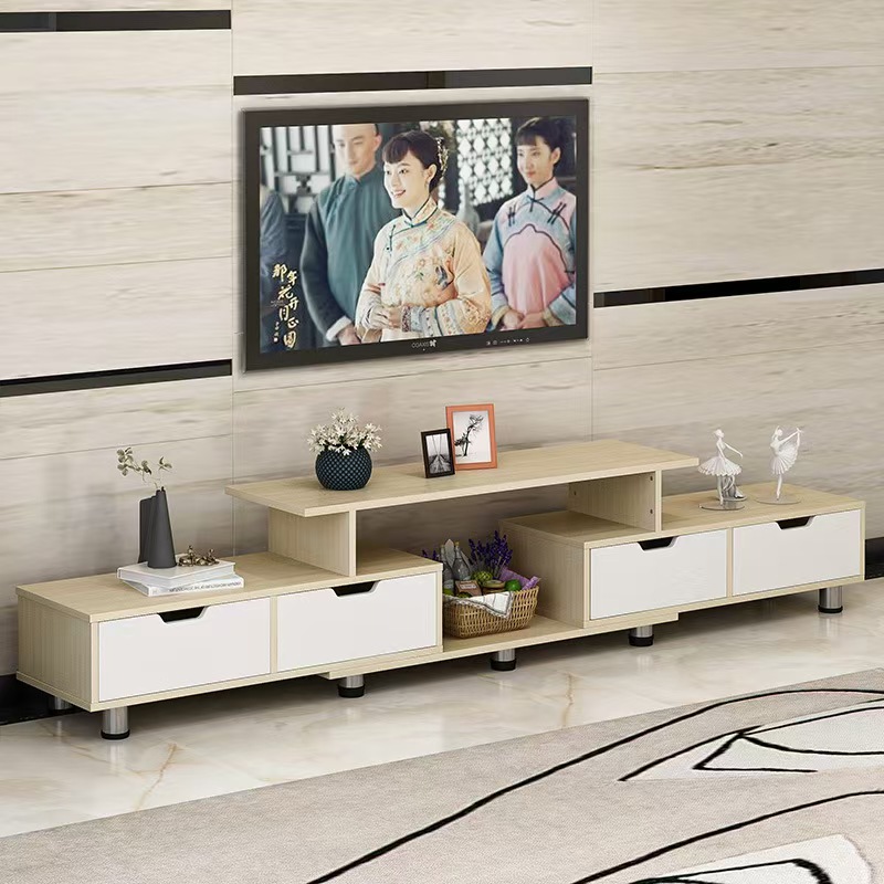 Minimalistische moderne uittrekbare tv-kast en salontafelset van massief hout in Scandinavische stijl met onderkast.