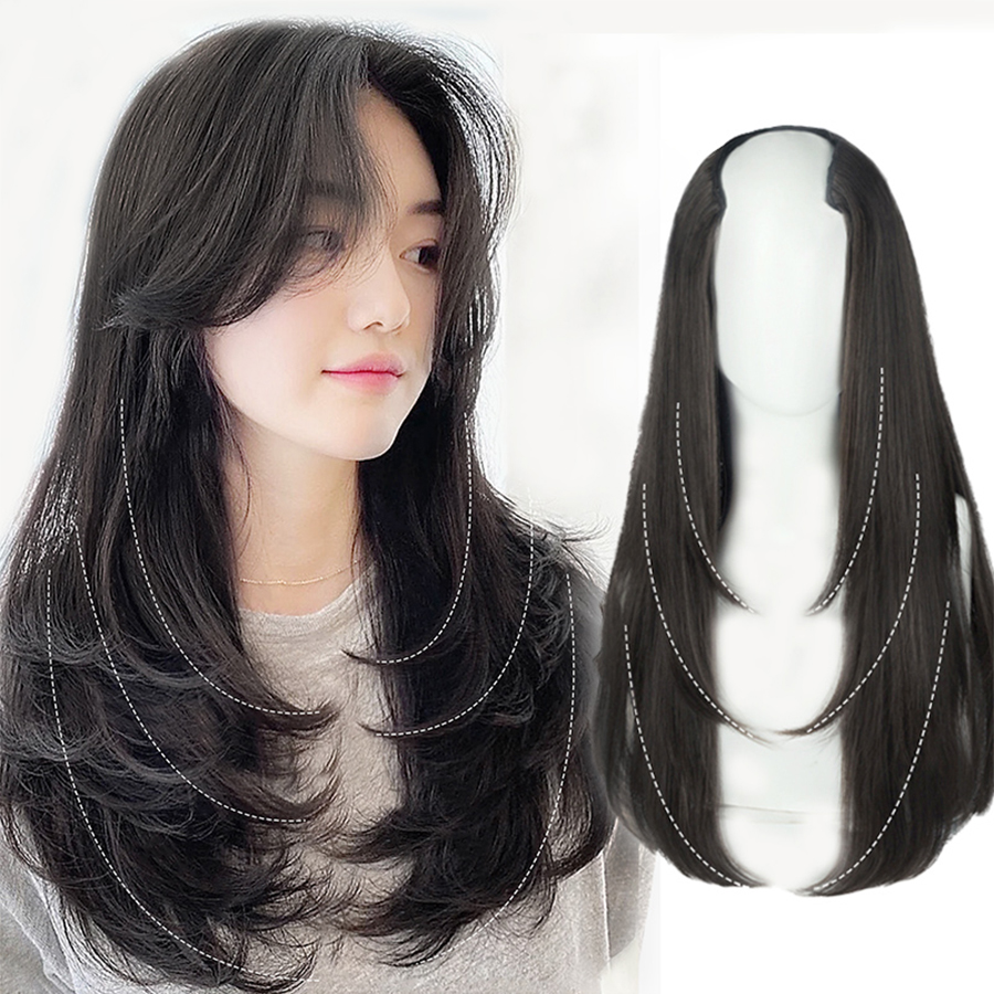 合成かつら女性の跡のない目に見えない U 字型ロングストレートヘアとインナーバックルロングカーリーヘアナチュラルエクステンションウィッグ