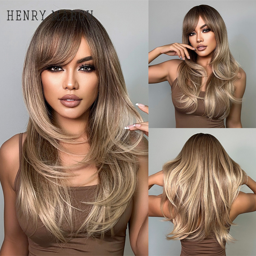 HENRY MARGU Peluca marrón de capas largas para mujer, pelucas sintéticas rectas con flequillo, peluca marrón ombré Natural para uso diario resistente al calor