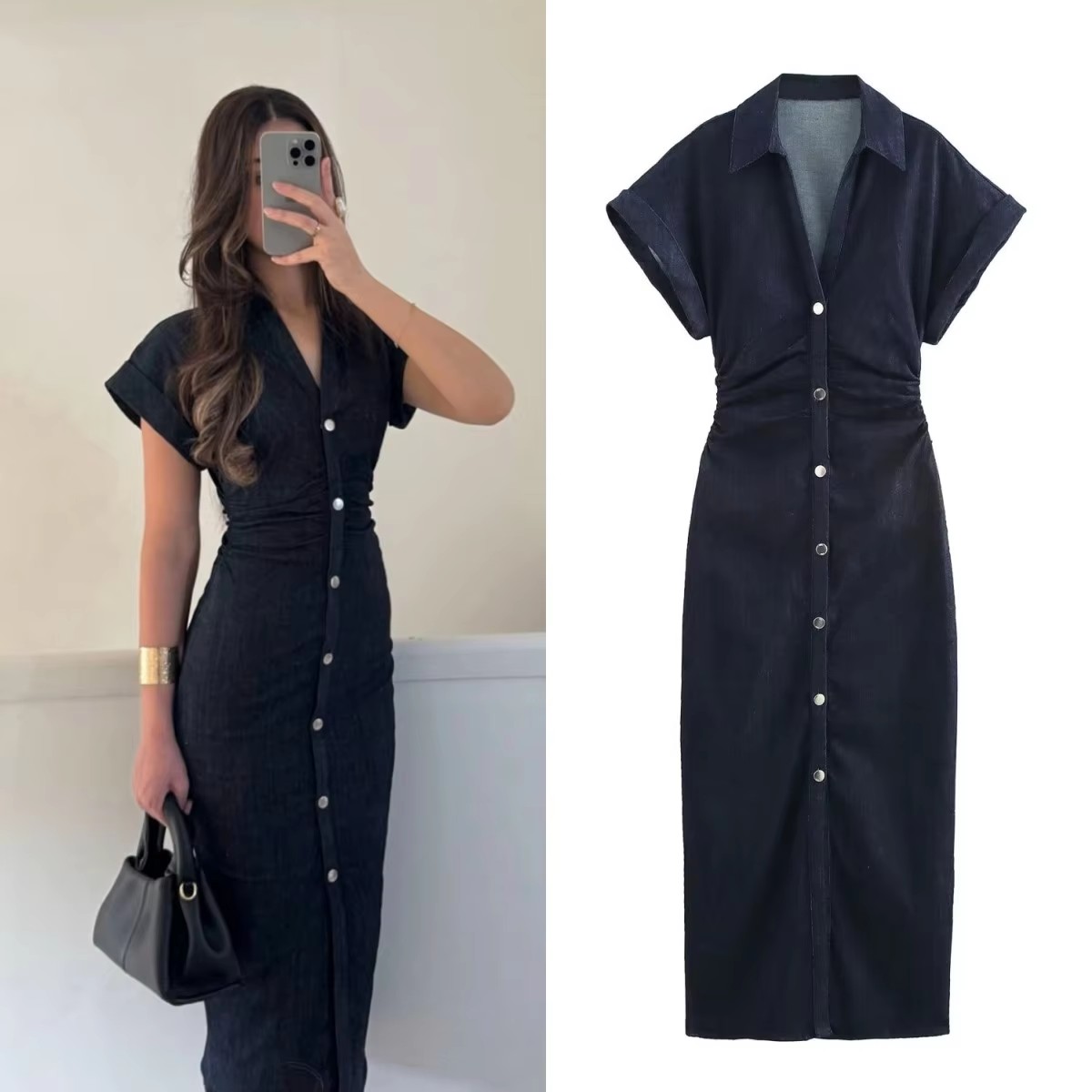 Printemps nouvelle série 1975 denim robe MIDI avec revers côté fermeture éclair mode rides taille mince robe élégante