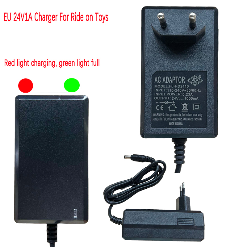 EU-stekker elektrische autolader voor kinderen 24V1A met lichtprompt, rit op speelgoedauto-voedingsadapter, 6V 12V batterijlader, 2,1 mm
