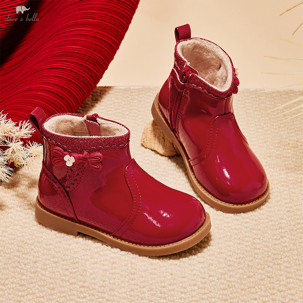 Dave Bella, botas cortas de cuero para niños, zapatos antideslizantes rojos de terciopelo cálidos para invierno, botas informales de moda para niñas al aire libre DB4254723
