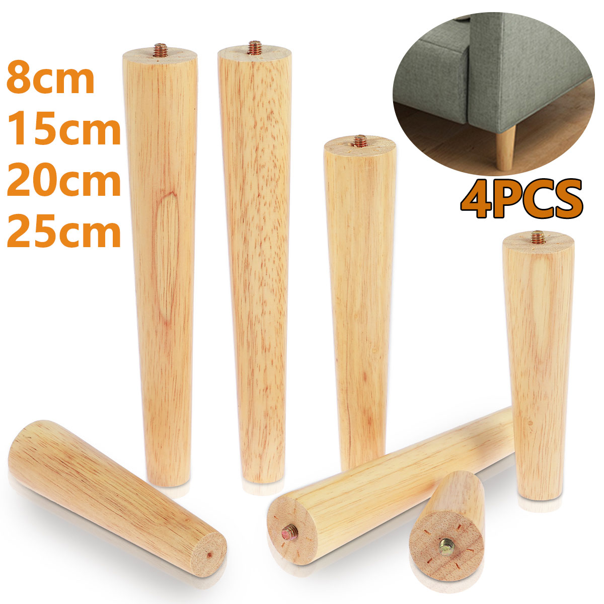 4 Uds 8/15/20/25cm patas de muebles de madera maciza patas de muebles de mesa oblicuas/rectas patas de silla antideslizantes pies de repuesto inclinados