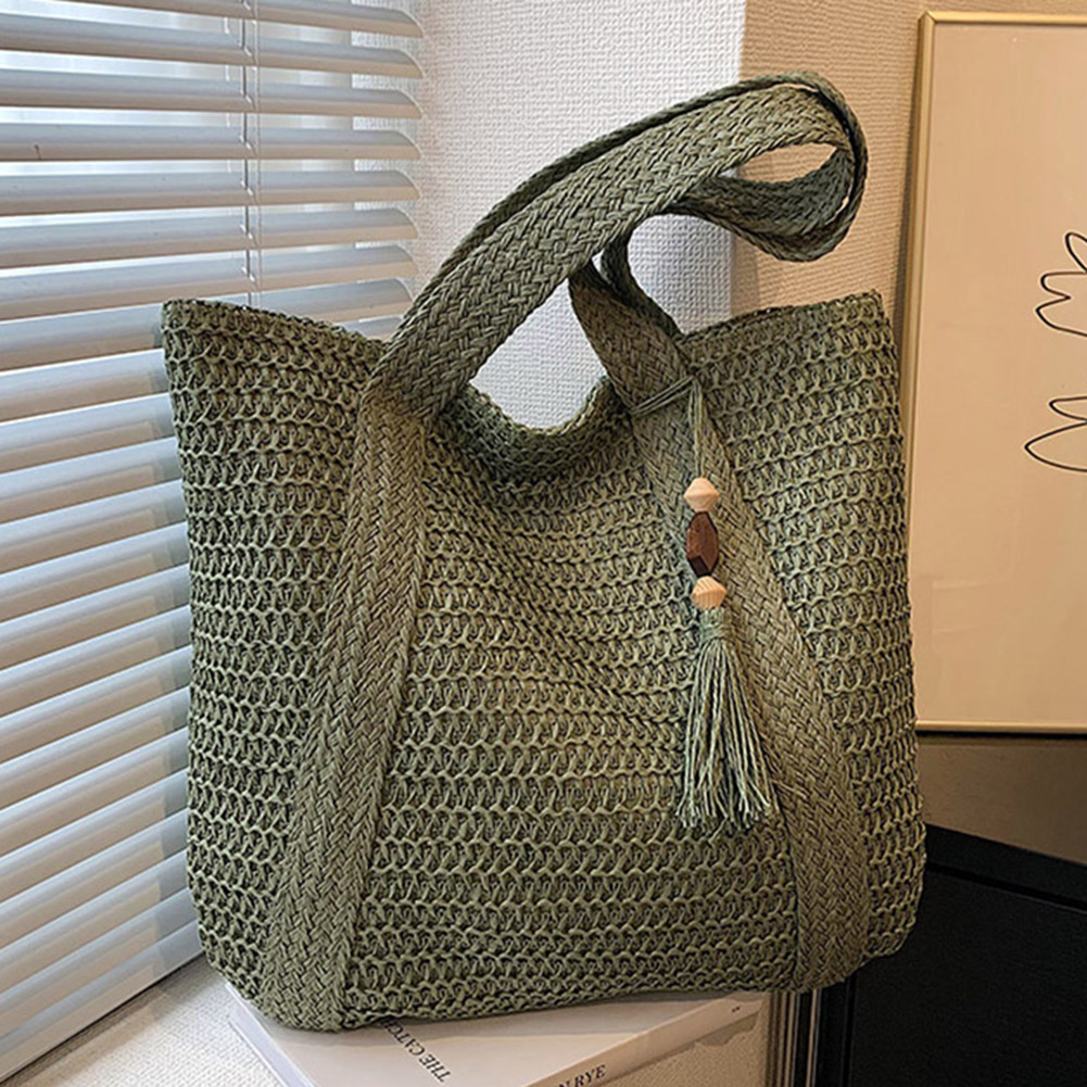 Saco de palha tecido à mão feminino, saco de mão tecido à mão, estilo boho, borla grande, para compras