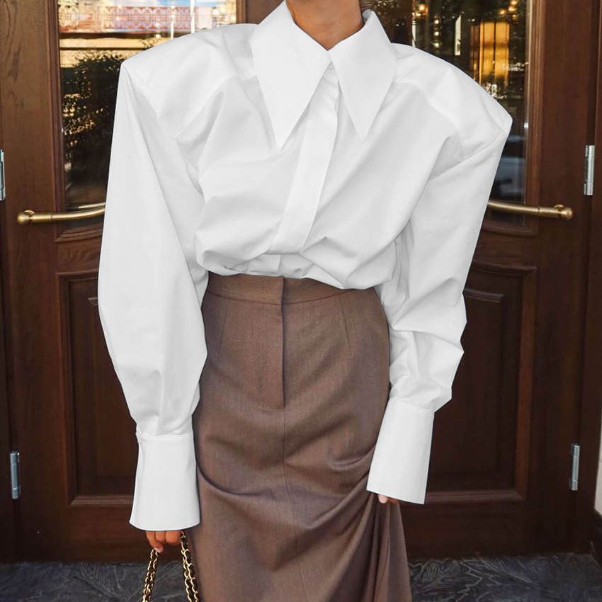 Linad otoño elegante camisa blanca de manga abombada Oficina señora blusa de mujer de un solo pecho 2025 Street Chic Turn Down Collar Tops