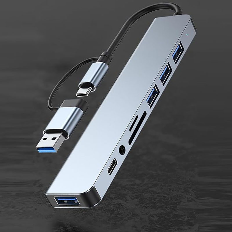 8in1 USB Cハブ 4つのUSBポート 1つのUSB-Cジャック TF/SDカードリーダー 3.5mmオーディオ出力 MacBook Pro、iPad Pro、iPhone 15、ノートパソコン対応